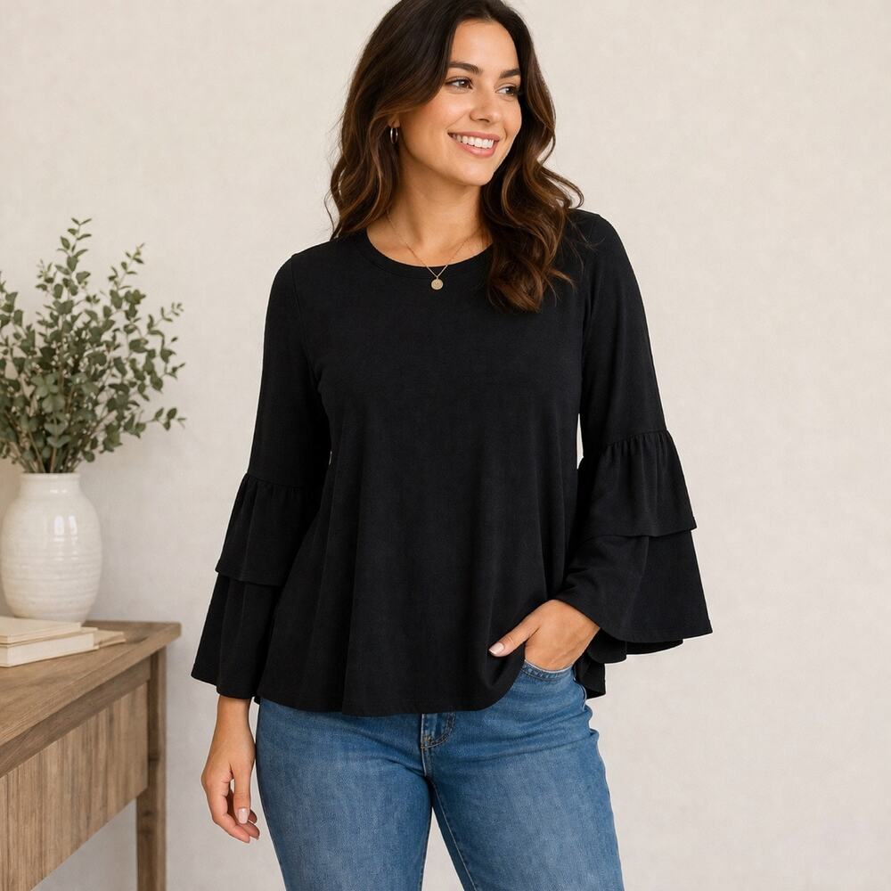 Gap Black Tiered Bell Sleeve Knit Top Flowy Long Sleeve Sz XS